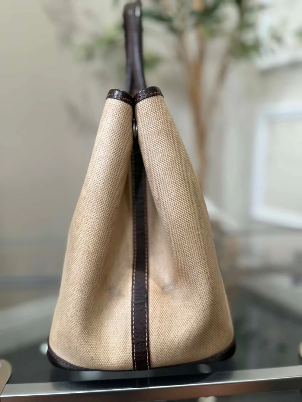 Hermes Beige Canvas Tote with Dark Brown Leather Trim